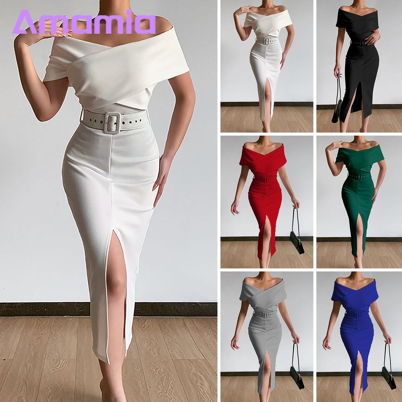 Evening Dress Solid Color Elegant Off Shoulder Front Split Bodycon Dress