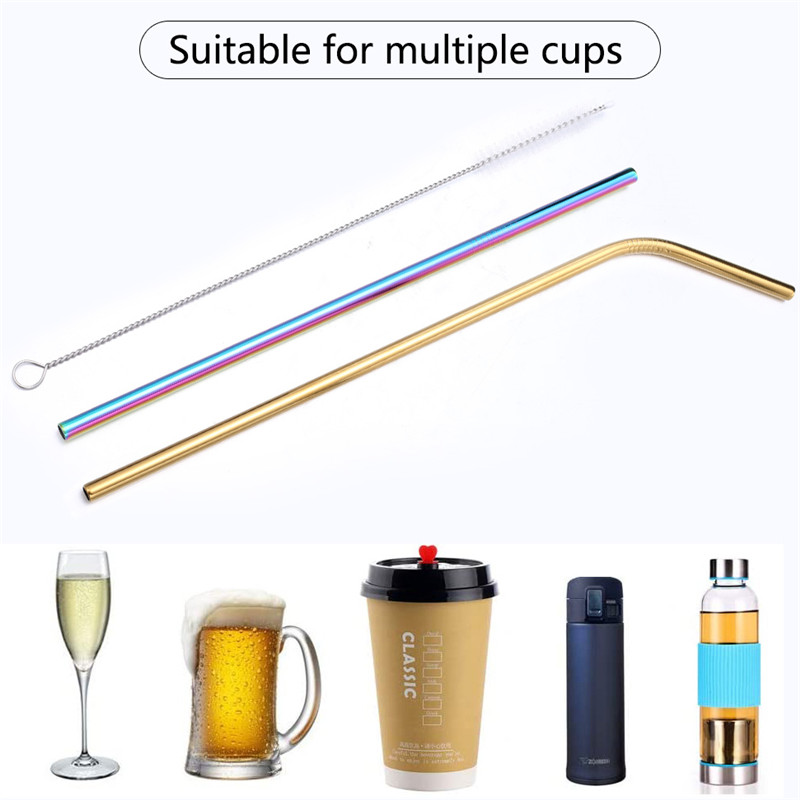 Reusable 304 Stainless Steel Straws Straight Bent Metal Drinking Straw with Cleaning Brush Set Party Bar Accessories. 