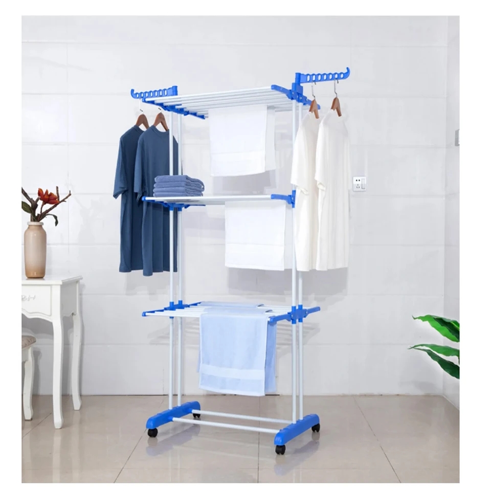 Three Layers Clothes RackCloth Drier Rack Clothes Drying Rack,4-Tier Foldable Clothes Hanger Adjustable Large Stainless Steel Garment Laundry Racks for Indoor Outdoor. 