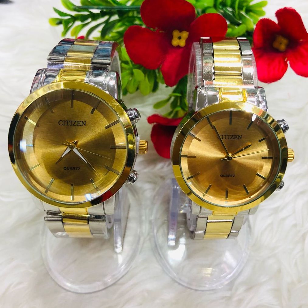 Citizen Couple Classic Fashion Couple Watch Twotone Rhinestone Faux Chain Analog Quartz Wrist Watches Lovers | HP1212| |. 