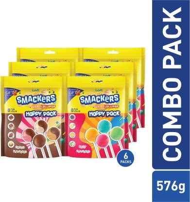 LuvIt. Smackers Chocolate and Fruit Flavoured Lollipops | Combo Pack - 48 Lollipops | Pack of 6-96g Each (FROM INDIA) SAB. 