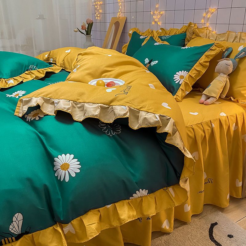 Korean Bed Four-Piece Set Spring and Summer Bedding Princess Style Floral Duvet Cover Bed Sheet Student Dormitory Bed Skirt Three-Piece Set. 