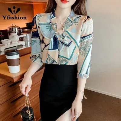 Yfashion Women Cotton Chiffon Shirt Fashion Elegant Geometric Printing Slim Fit  Tops Casual V Neck Pullover Blouse