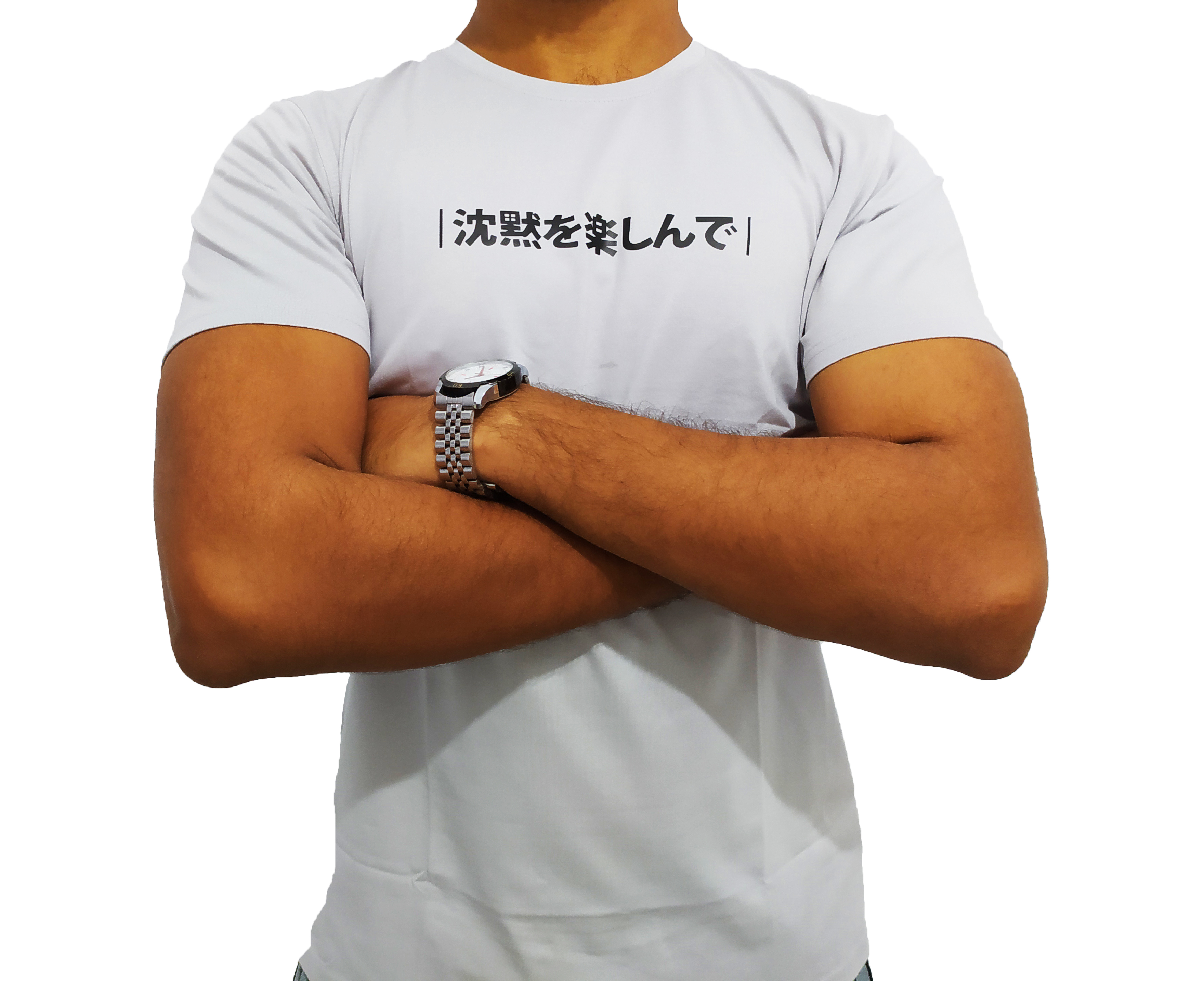 Japanese Letters Single Jersey Cotton Grey Solid Color Short Sleeve Men’s Crew Neck Collarless Stretch Comfort T Shirts. 
