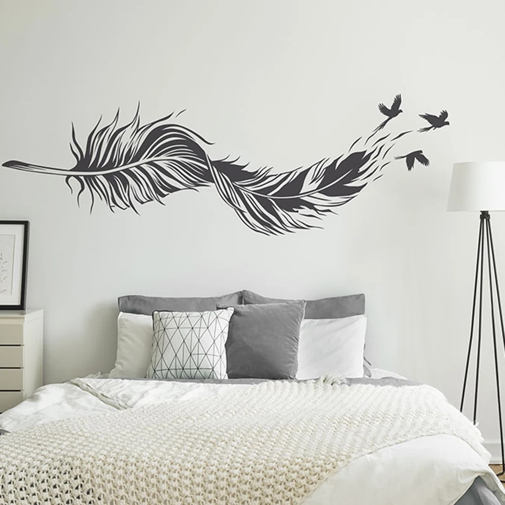 wall stickers Cartoon Curved Feather with Flying Bird Freedom Wall