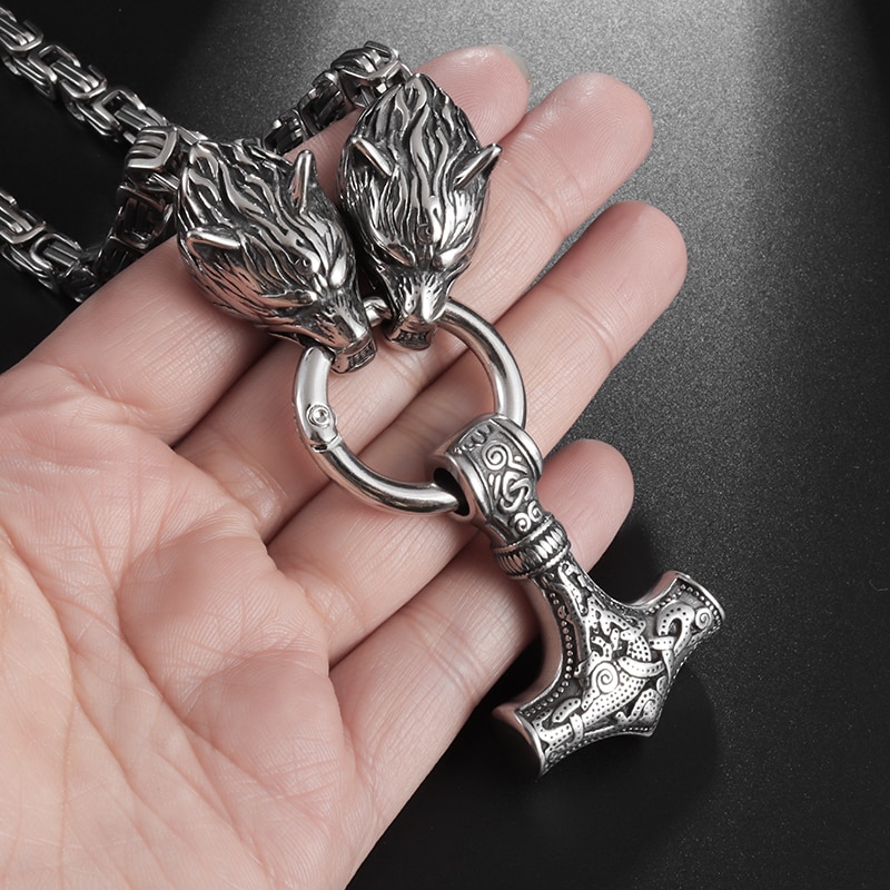Vintage Viking Wolf Head Necklace for Men Heavy Viking Byzantine Chain High Quality Necklace Jewelry Amulet Gift. 