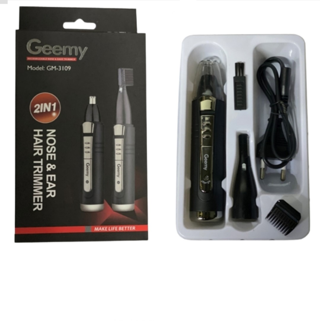 Geemy GM-3109 2 In 1 Rechargeable Nose And Ear Hair Black Trimmer. 