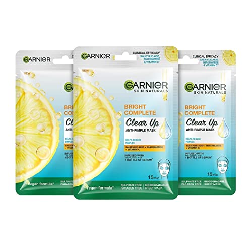 Garnier Bright Complete Anti Pimple Sheet Mask Combo, Salicylic Acid + Niacinamide + Vitamin C, Sheet Mask For Clear, Hydrated And Glowing Skin (Pack of 3) FROM INDIA (SAM)