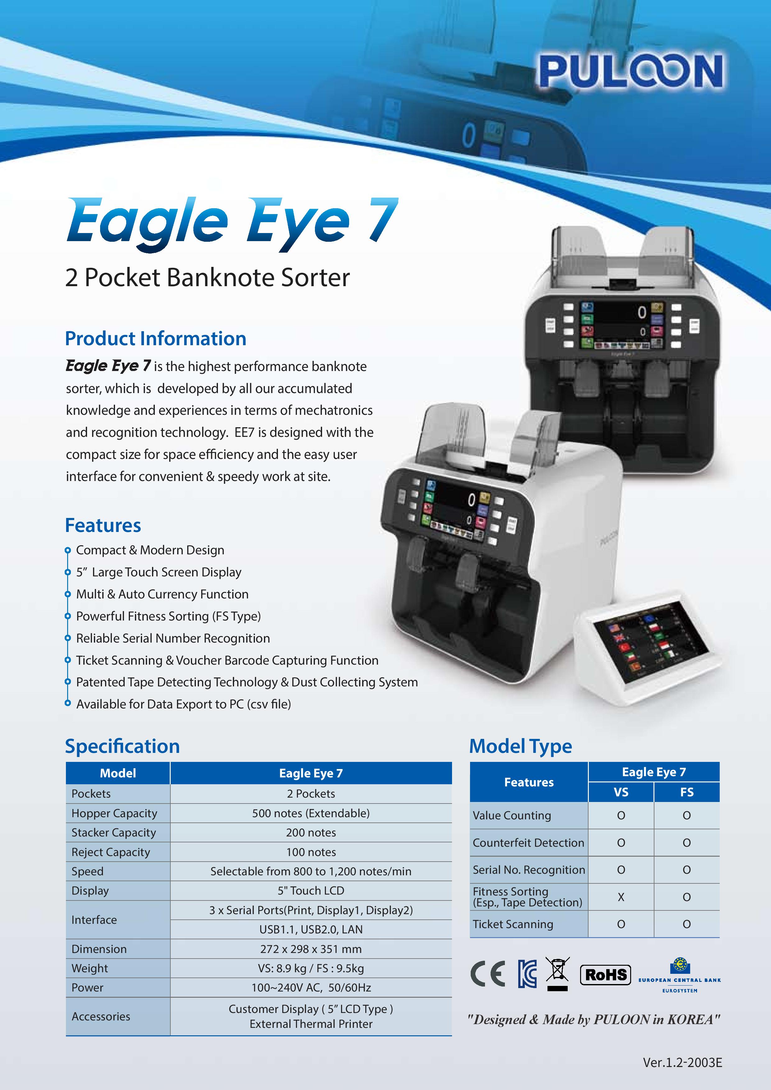 Cash Counting Machine - Double Pocket Multi Currency Mix Value EE7 - Eagle Eye 7. 