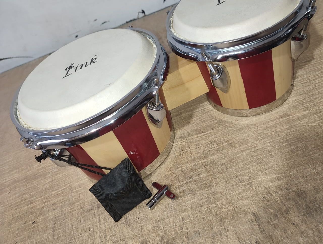 Link Double Bongo Drum Set with Tuning Wrench Professional Wooden Percussion Instrument for Professional, Beginner Adults Kids (Natural Skin) Maverick Percussion. 