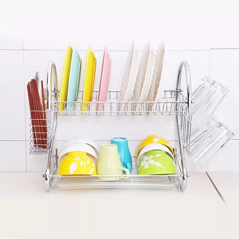 Dish Rack Cup Plate Drainer Strainer Stainless Steel Kitchen Drainer with Glass Holder - Silver Large Dish Drying Rack Cup Drainer 2-Tier Strainer Holder Tray Stainless Steel Kitchen Accessories. 