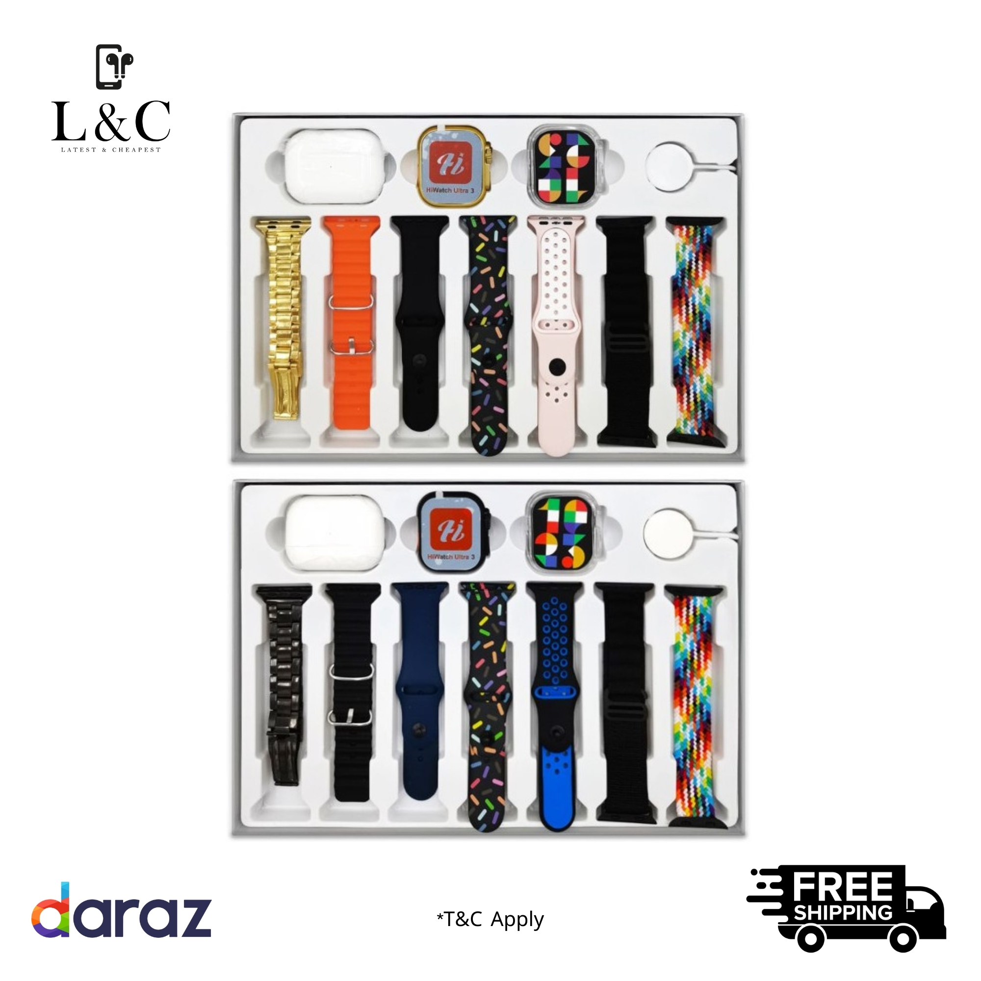 Hiwatch i20 Ultra 2 , 3 MAX Suit SmartWatch + Airpods Pro with Transparent Screen Guard Watch with Seven Decorated Straps. 