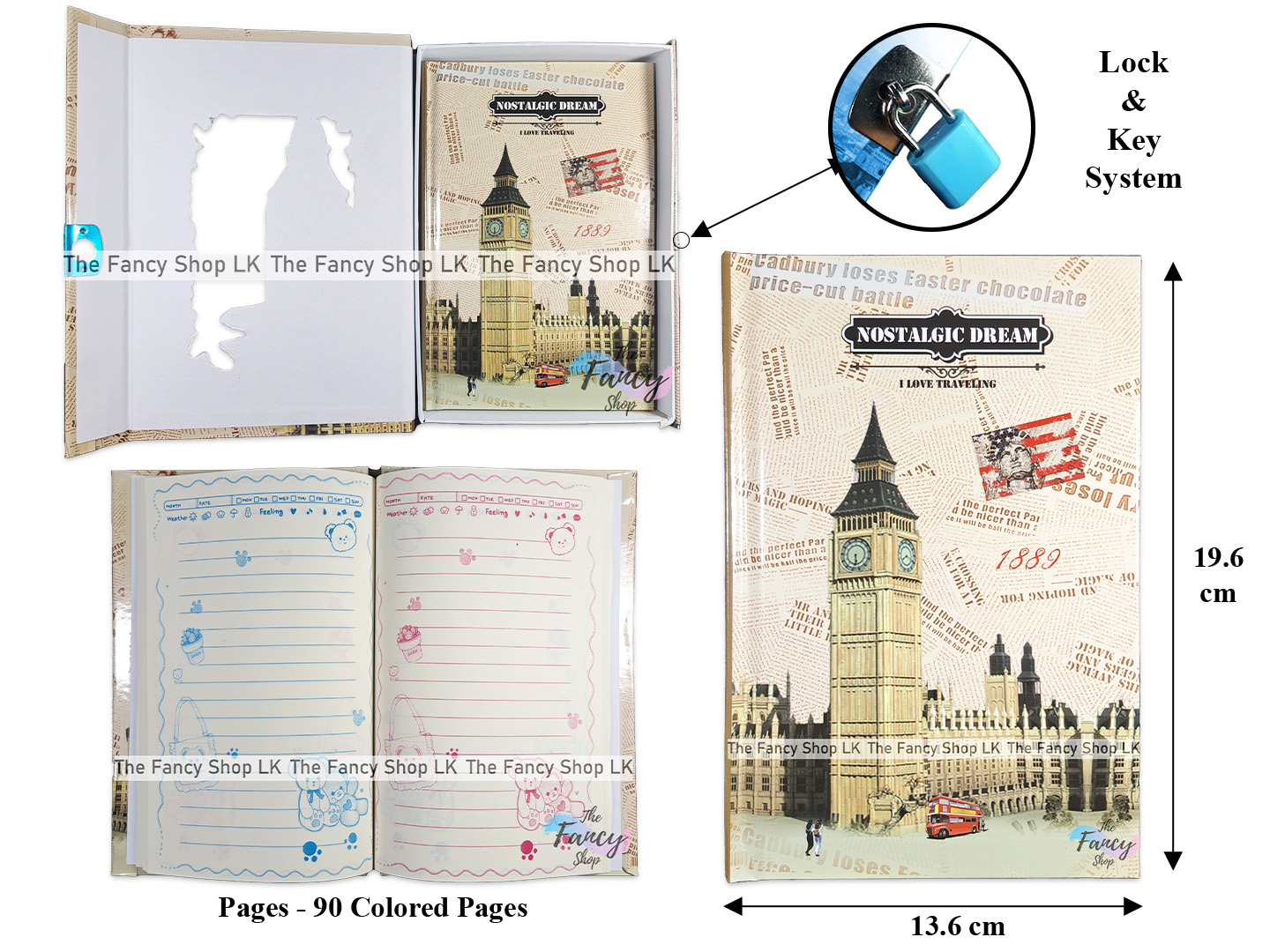 Notebook Diary Autograph Lockable 32k (13cmx19cm) Lock and Key System Colored Pages For Girls Cute Nostalgia Dream Famous Places Eiffel Tower Pissa Big Ben London Bridge Design. 