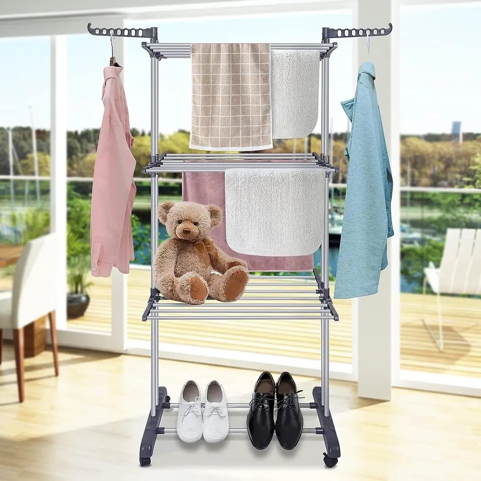 Three Layers Clothes RackCloth Drier Rack Clothes Drying Rack,4-Tier Foldable Clothes Hanger Adjustable Large Stainless Steel Garment Laundry Racks for Indoor Outdoor. 