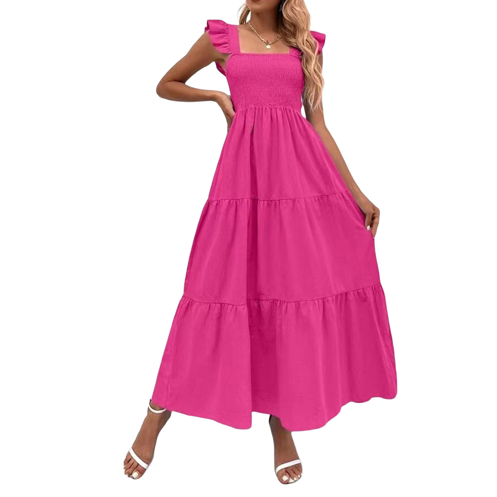 Women Long Dress, Fly Sleeve Square Neck Solid Loose Swing Dress Summer A-line Dress. 