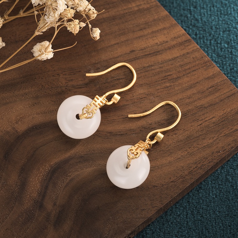 Her Lab Jewelry |18K Gold Chinese Style Hanzi Double Happiness Earrings Gold-plated Retro Court Style Inlaid White Jade Earrings Fashionable Personalized Jade Ladies Earrings. 