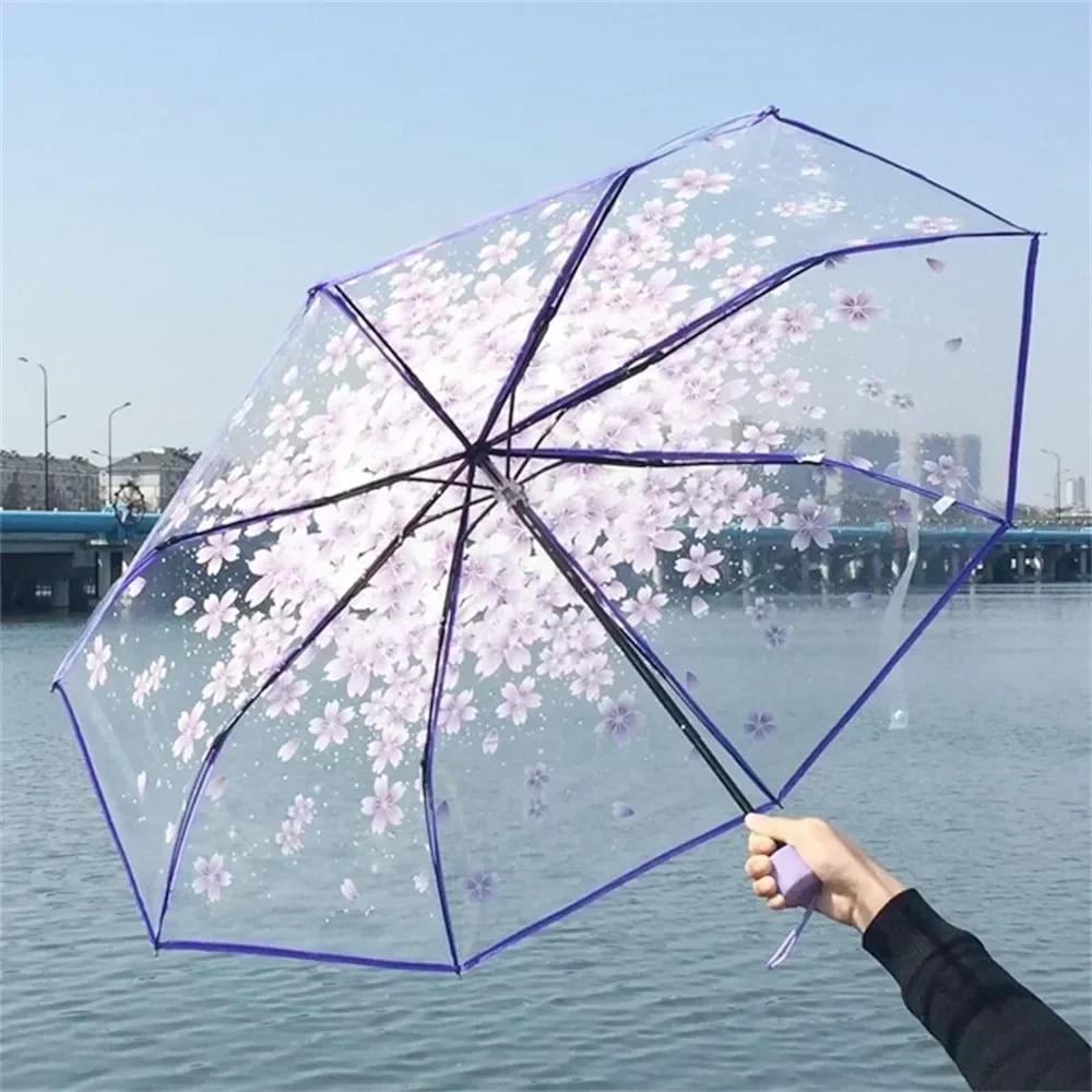 Korean Umbrella Folding Cute Korean Mini Fresh Simple Sen Series Trifold Cherry Blossom Transparent Japanese Umbrella. 