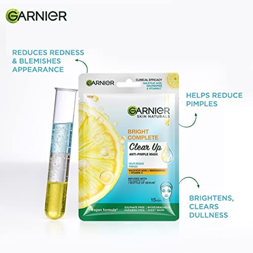 Garnier Bright Complete Anti Pimple Sheet Mask Combo, Salicylic Acid + Niacinamide + Vitamin C, Sheet Mask For Clear, Hydrated And Glowing Skin (Pack of 3) FROM INDIA (SAM). 