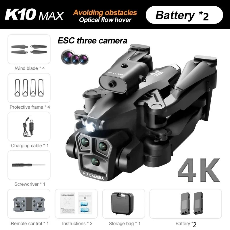 OBSTACLE K10 Max Drone 4k HD Three Camera Four Way Obstacle Avoidance. 