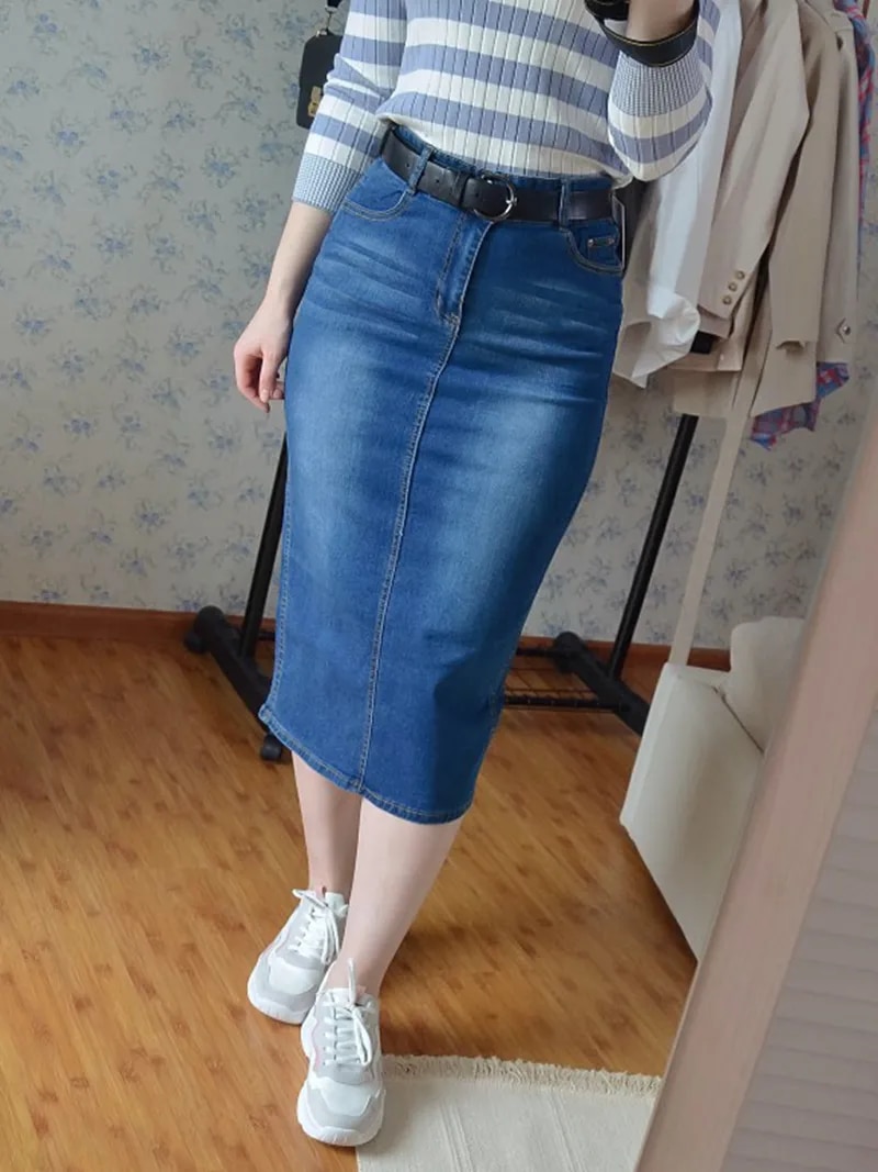 Classic Denim Skirt Women 2023 Long Jean Skirt High Waist Pencil Skirt Ladies Stretch Black Blue Faldas Largas Jupe Longue Femme. 