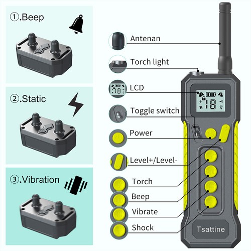 T10 Electric Dog Training Device Collar Wireless Remote Control LCD Display Waterproof USB Rechargeable with Flashlight - Black. 