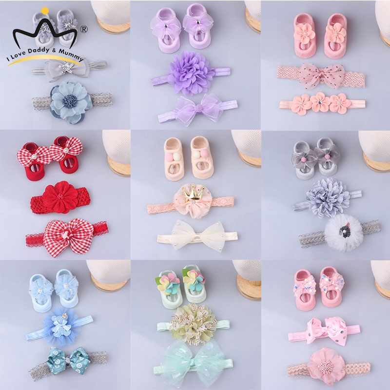 I Love Daddy&Mummy 3Pcs/Set Baby Girl Headband Socks Set Lace Flower Bows Newborn Hair Bands Headbands For Girls Turban Baby Hair Accessories. 
