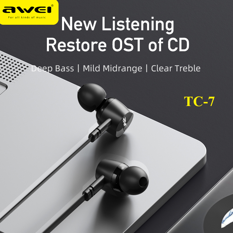 Awei TC-7 Wired Earphone In-ear Type-C Headset For Phone Stereo USB C Plug Bass Sport Earbuds With Microphone Control 1.2m. 