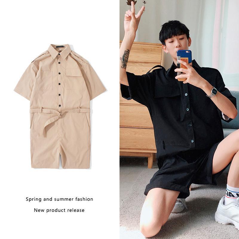 Internet Celebrity Jumpsuit Workwear Trendy Men 2019 Popular Suit Hip-Hop Fashionable Brand Loose Korean Style Trendy Summer Two-Piece Set. 