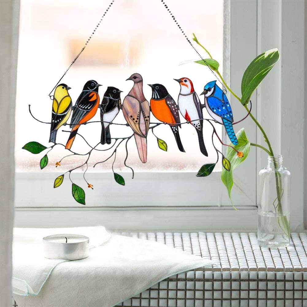 Multicolor Birds On A Wire High Stained Glass Window Panel, Bird Series