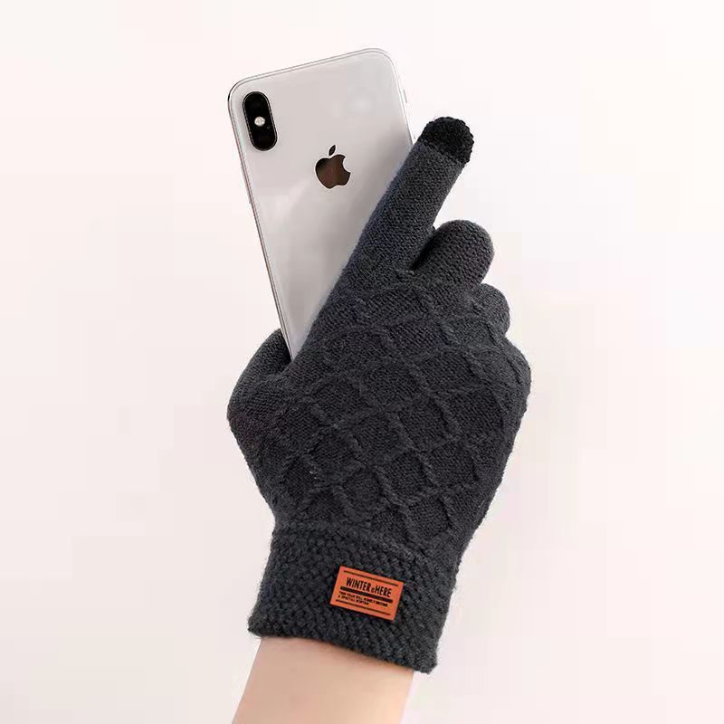 Autumn and Winter Fleece-lined Thick Wool Knitted Gloves Men's Touch Screen Warm Gloves Cycling Driving Cold-Proof Warm. 