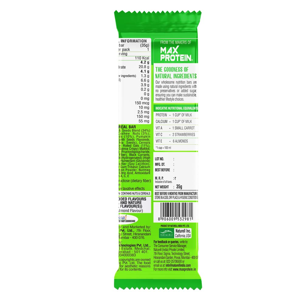RiteBite Max Protein Nuts & Seeds Low Calorie Vegan Granola Snack Bar with Flax Seeds, Pumpkin Seeds 420g - Pack of 12 (FROM INDIA) SAB. 