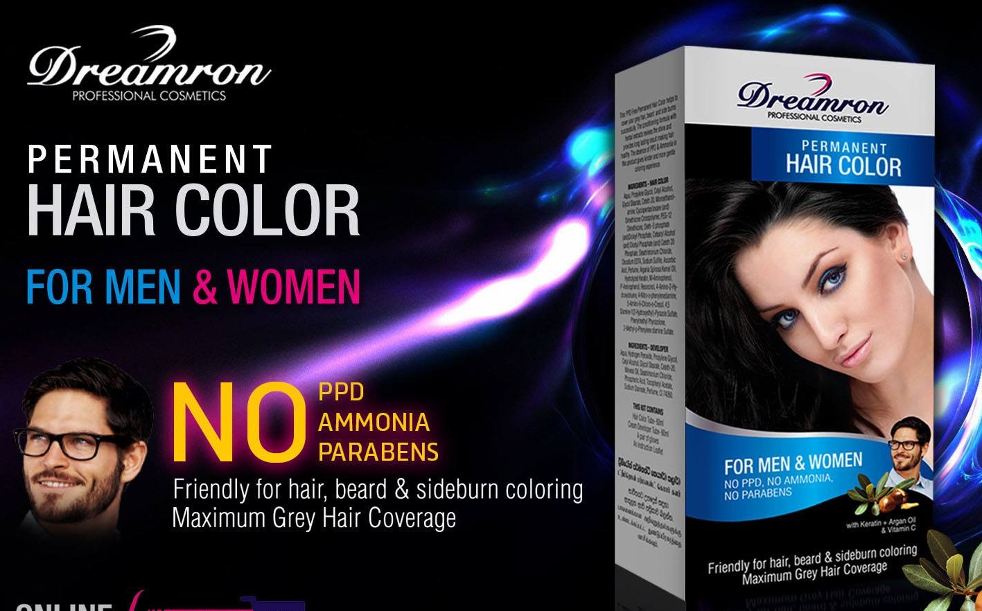Dreamron Hair Color Permanent Black PPD & Ammonia Free  1.0/ 2.0 – 60ml For Men & Women. 