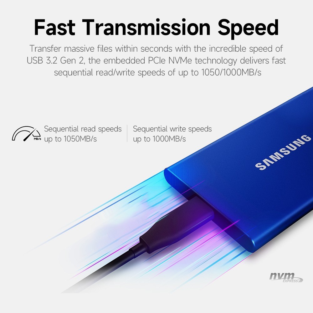 SAMSUNG T7 Type-C USB 3.2 Portable Solid State Drive 500GB Aluminum Alloy Portable SSD up to 1050MB/s Sequential Read Speed Blue-1tb. 