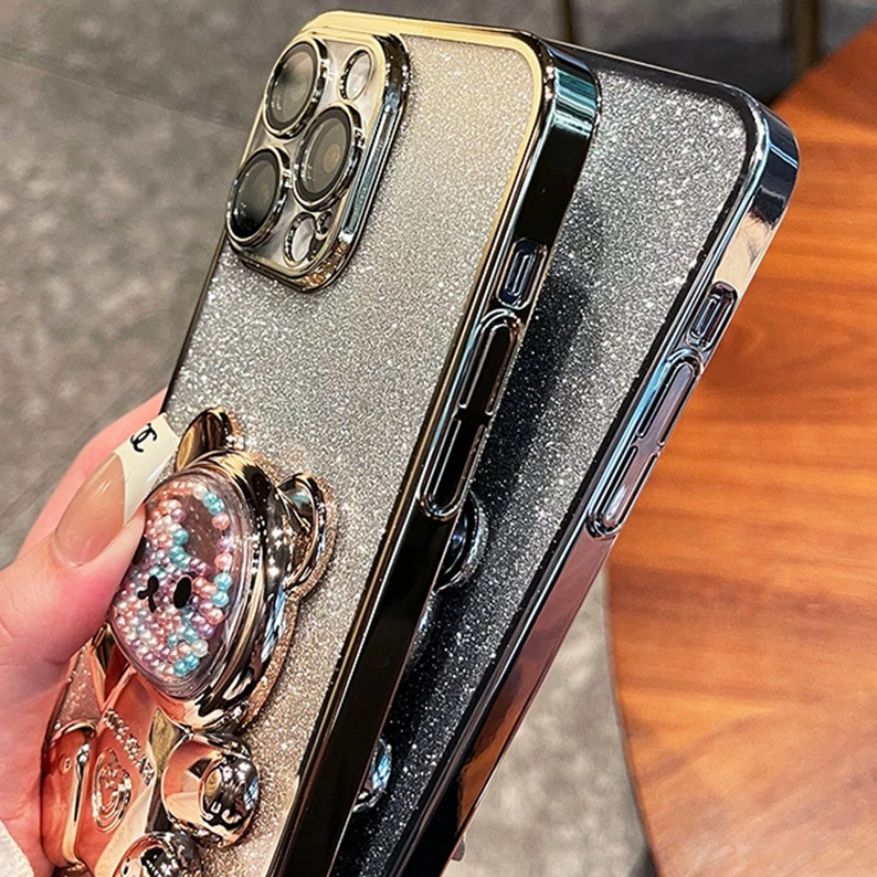 For Samsung Galaxy S9 / S9 Plus Back Cover with 3D Bear Hidden Stand Bracket Luxury 6D Gradient Shiny Plating Glitter Women Phone Case Clear Soft Silicone Protective Cases Pouch Girls. 