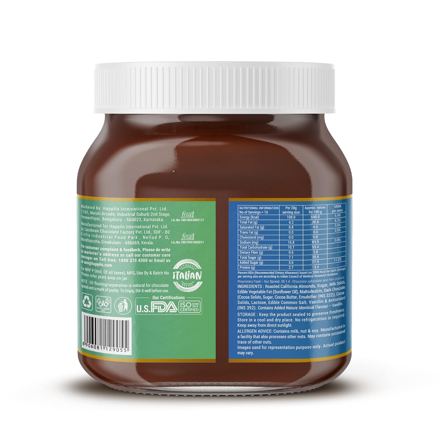 Happilo Premium Chocolate Almond Spread 200g, Low Carb Chocolate Dessert Spread, Smooth & Delicious (FROM INDIA) SAB. 