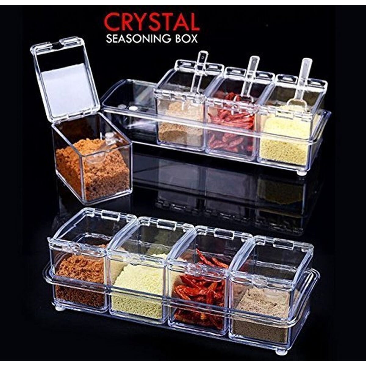 Transparent Crystal Condiments Organizers Seasoning Box Condiments 4 Spice Crystal Seasoning Box with FREE Spoons