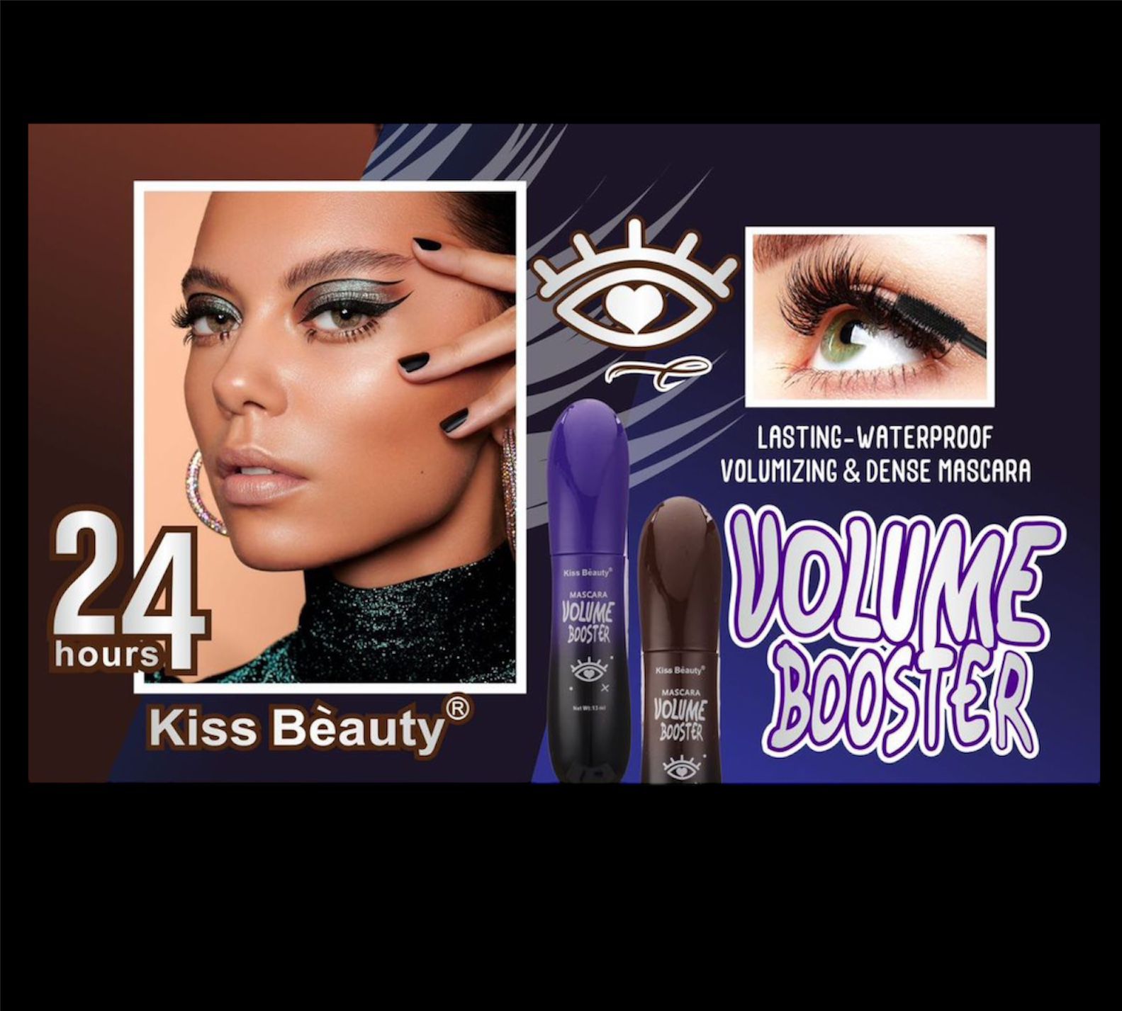 KISS BEAUTY WATERPROOF COLORED MASCARA BLUE BLACK BROWN AND PURPLE 24H 15 ML. 