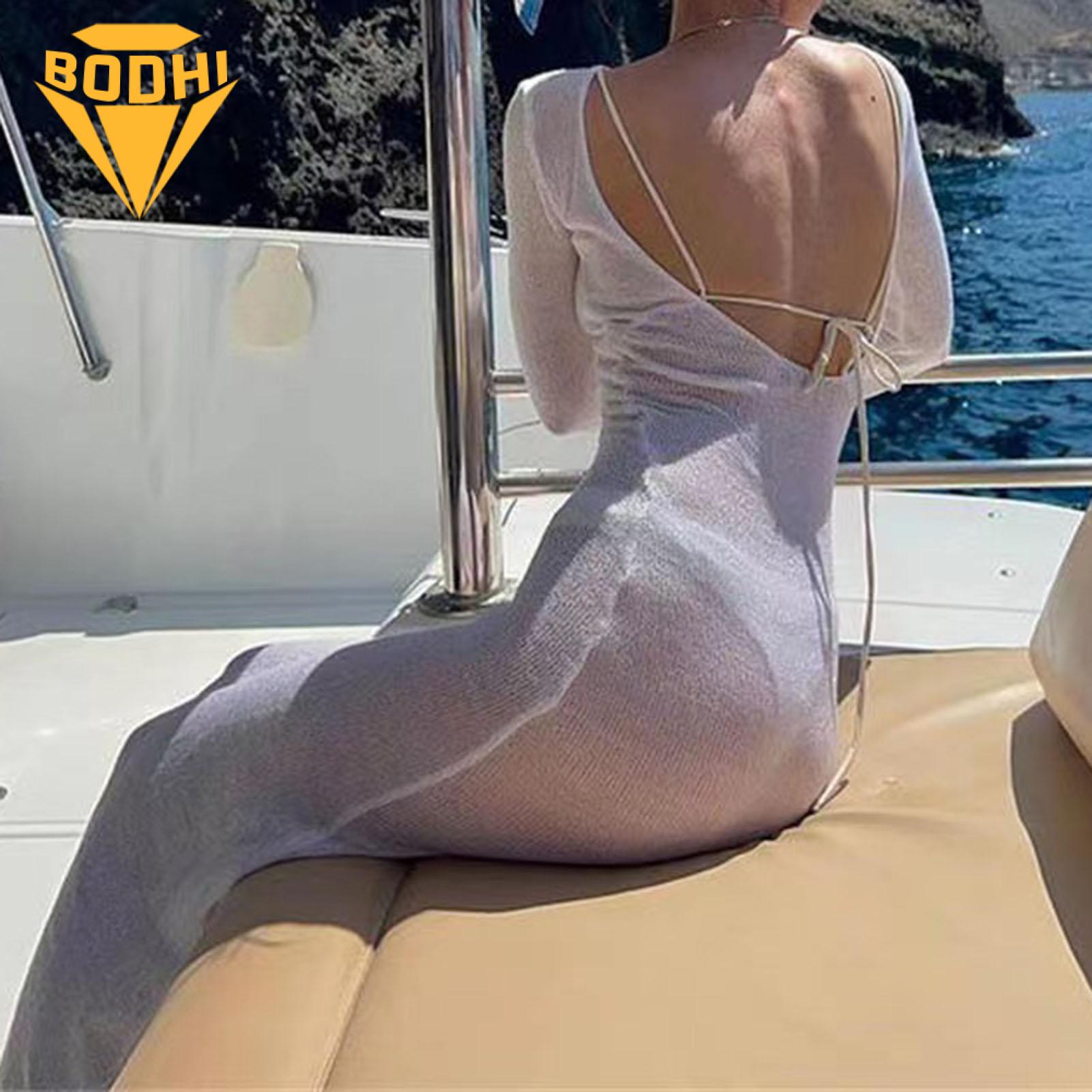 Comfortable Swim Cover-up Lace-up Backless Beach Cover-up Dress for Sun Protection Swimwear. 