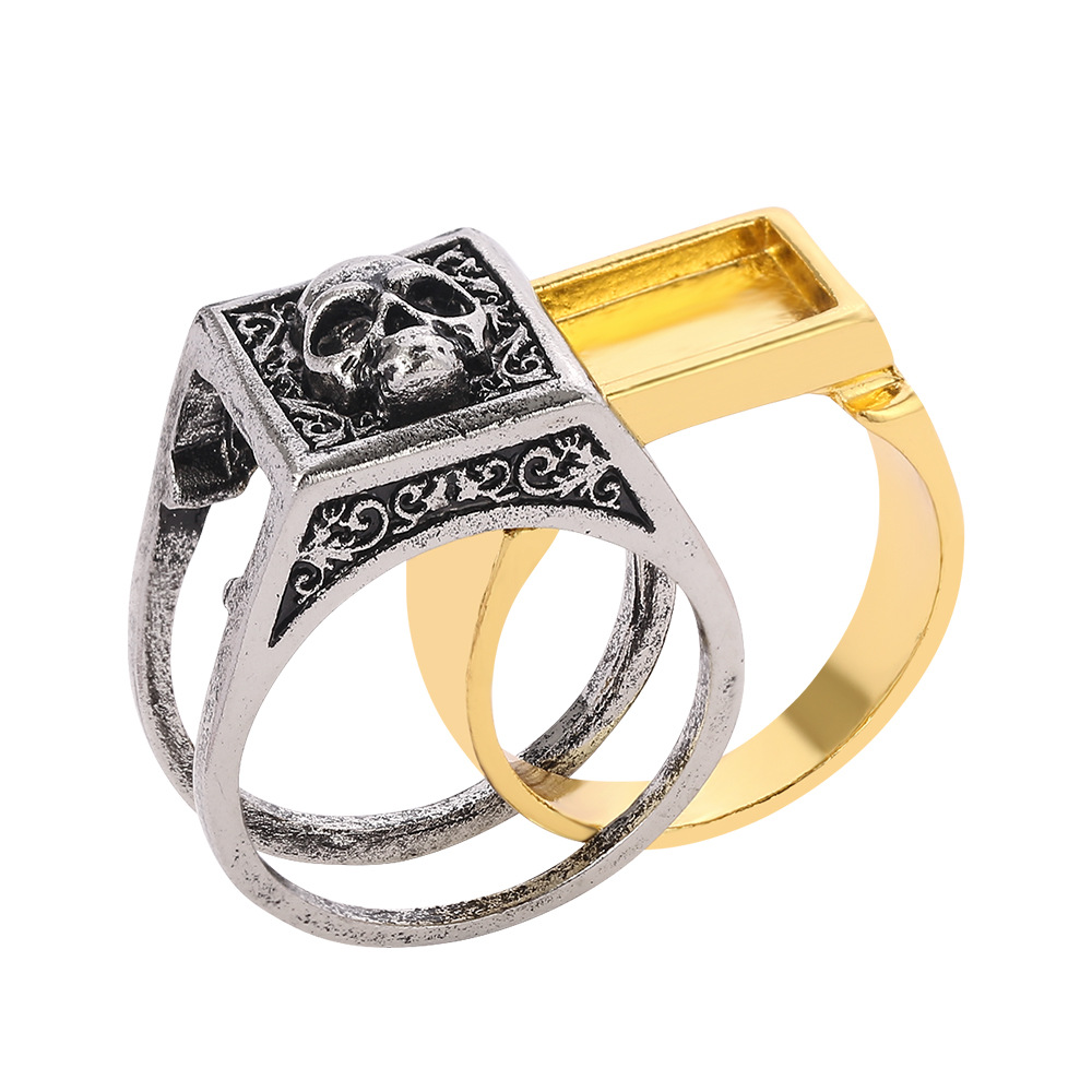 【IKE】Vintage Gold Silver Color Two Tone Skull Men's Ring Compartment Skeleton Biker Rings for Women Men Jewelry Street Style