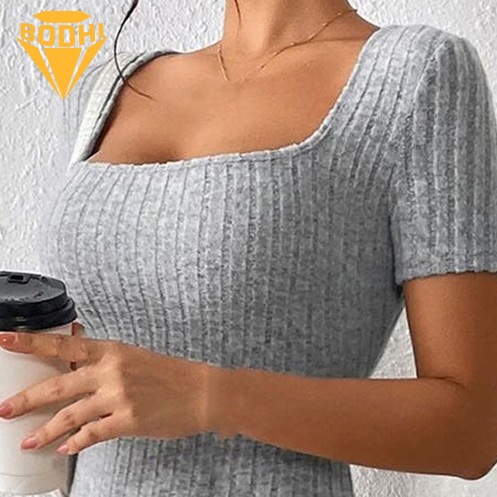 Solid Color Square Neckline Dress Square Neck Knitted Midi Dress for Women Summer Party Commute Dress Women Dress. 