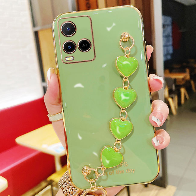 For Vivo Y21 Back Cover with Love Heart Chain Wrist Strap Fashion
