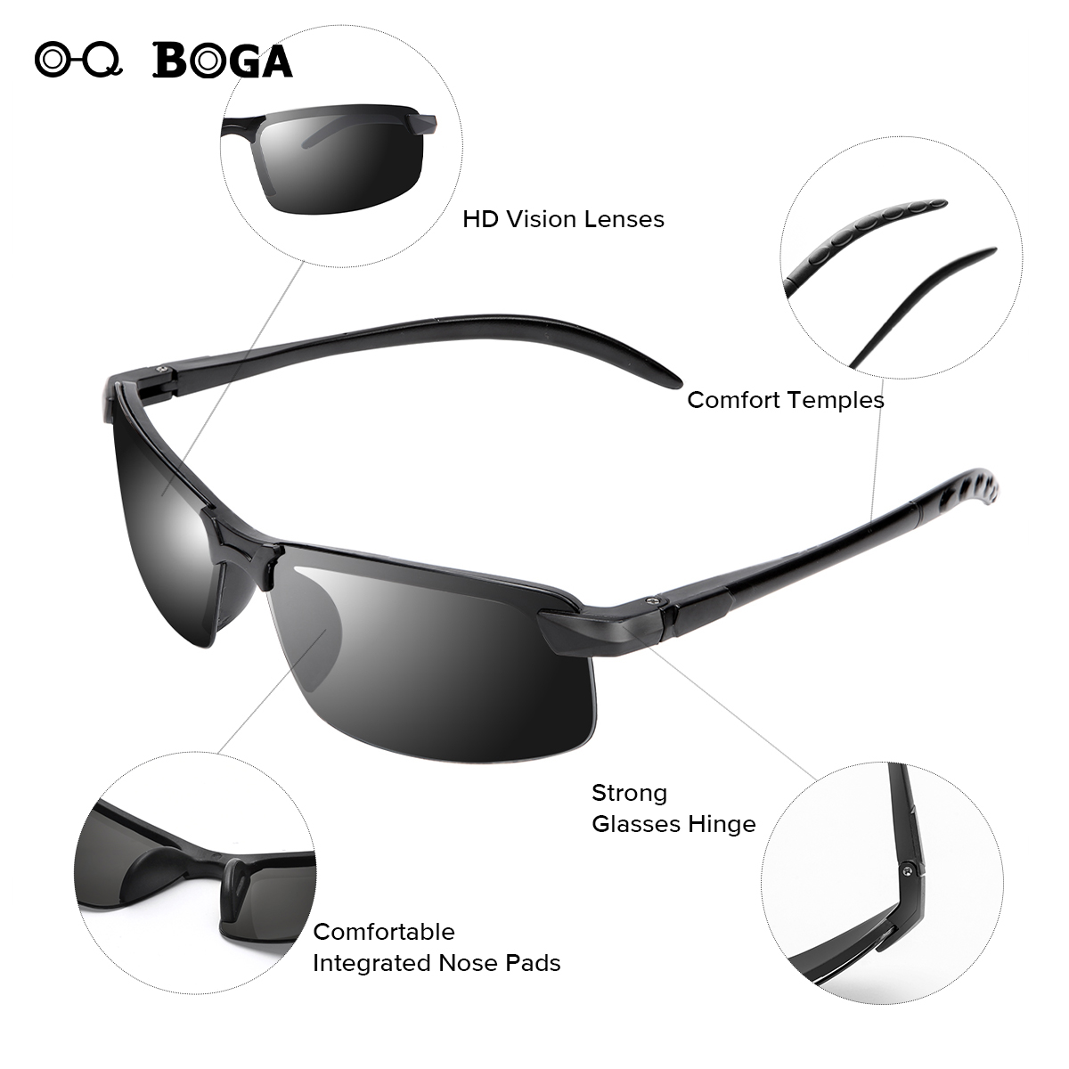 OQ BOGA 1 Piece Unisex Outdoor Anti-UV Black Oval Frame Sunglasses Men Women Eye Protection Half Rim Sun Glasses UV400. 