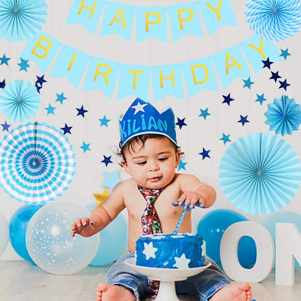 Happy Birthday Blue Banner with Shiny Gold Letters White Paper Bunting