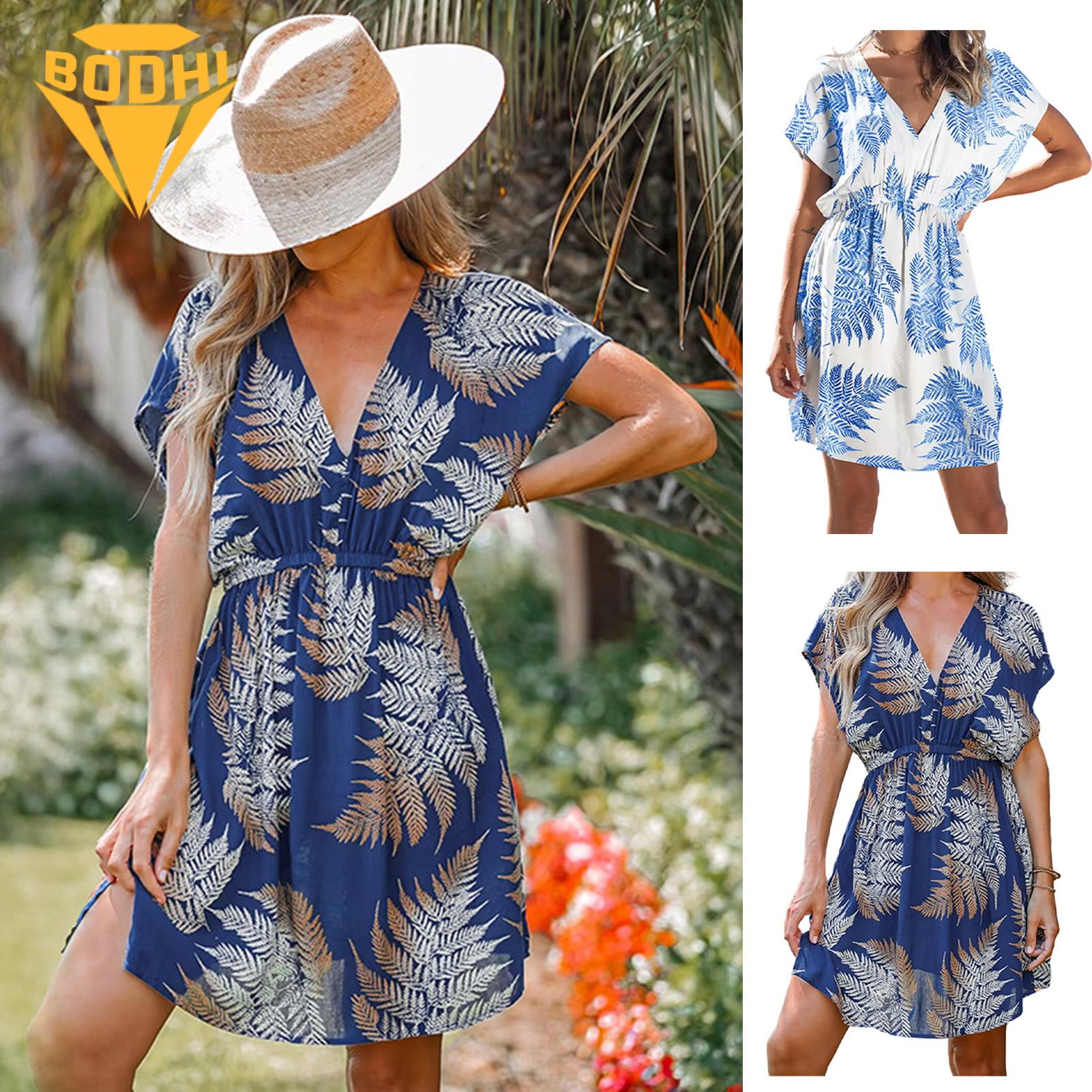 Women Swim Cover-up Leaf Print V Neck Beach Dress for Women Quick Dry Vacation Cover-up Breathable Beach Dress