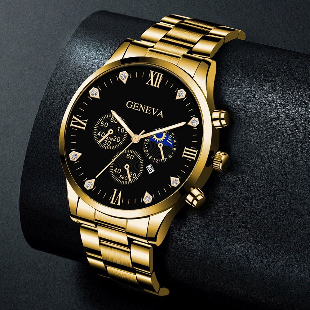 2Pcs/Set Fashion Casual Accessories Business Men Gift Gold Metal Steel Strip Chain Bracelet Quartz Watch Set. 