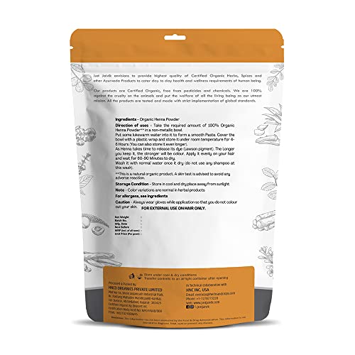 Just Jaivik Organic USDA Certified Henna Powder For Hair Certified by OneCert Asia for USDA Organic Standard 227 Gms / 0.5 LB/ 8 Oz , Natural , No chemical or additive(FROM INDIA)JEZ. 