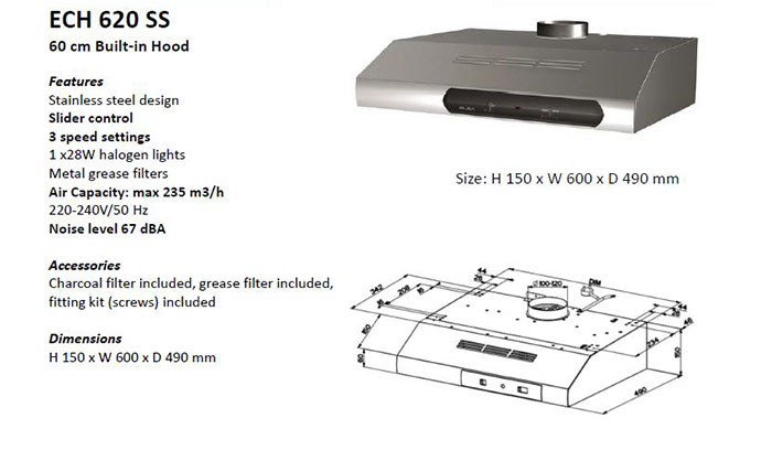 ELBA 60cm Cassette Type Cooker Hood - Silver ECH620SS. 
