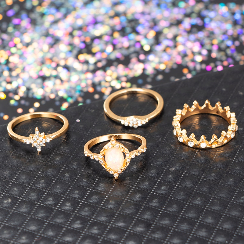 Trendy Gold Color Crystal Moon Star Crown Shape Ring Set for Women Girl Metal Geometric Rhinestone Midi Ring 3377. 