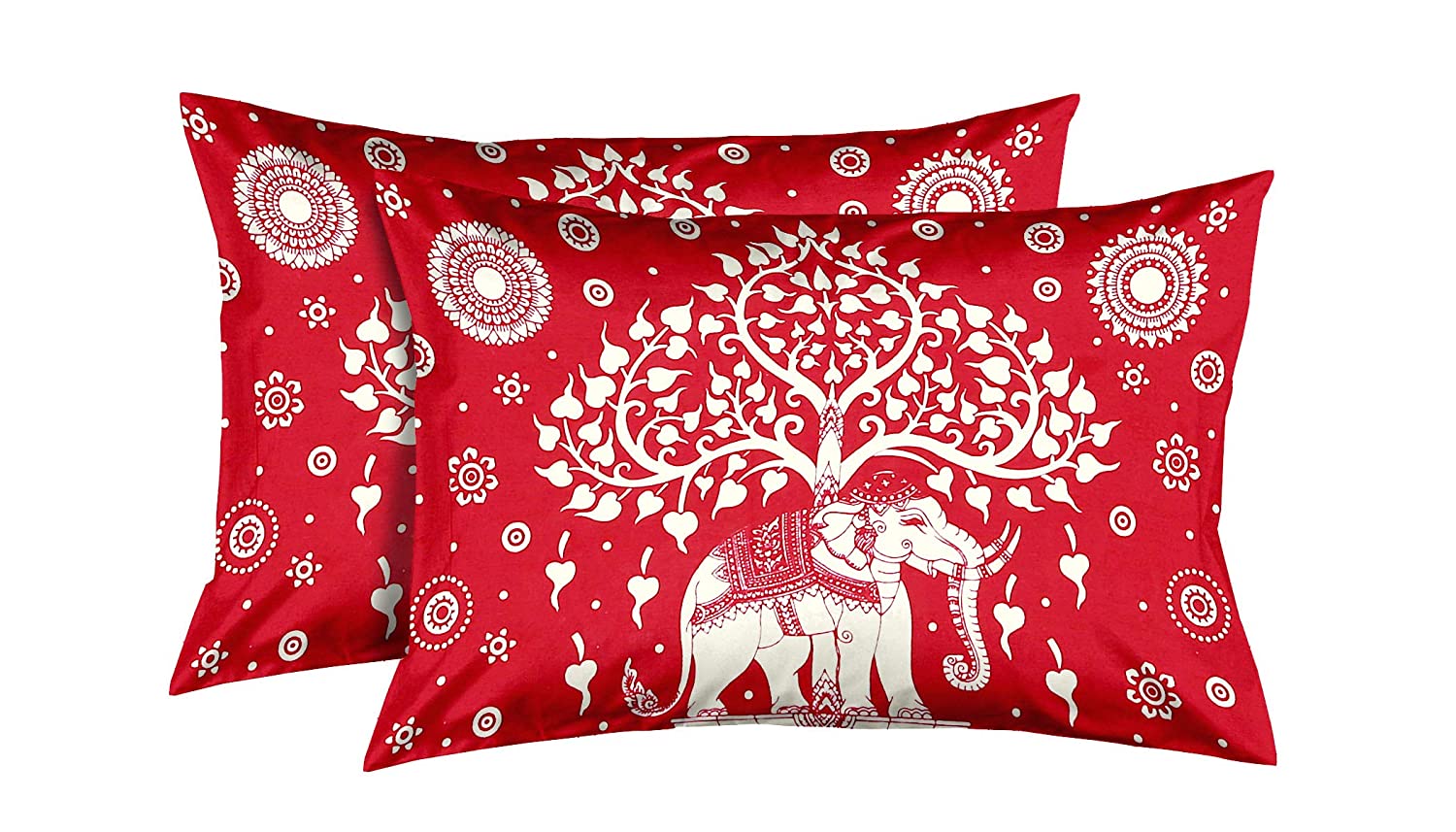 Mysa Fashions Designer Cotton Double Bedsheet with 2 Pillow Covers in Elephant Print - Red and White Bed Sheet. 