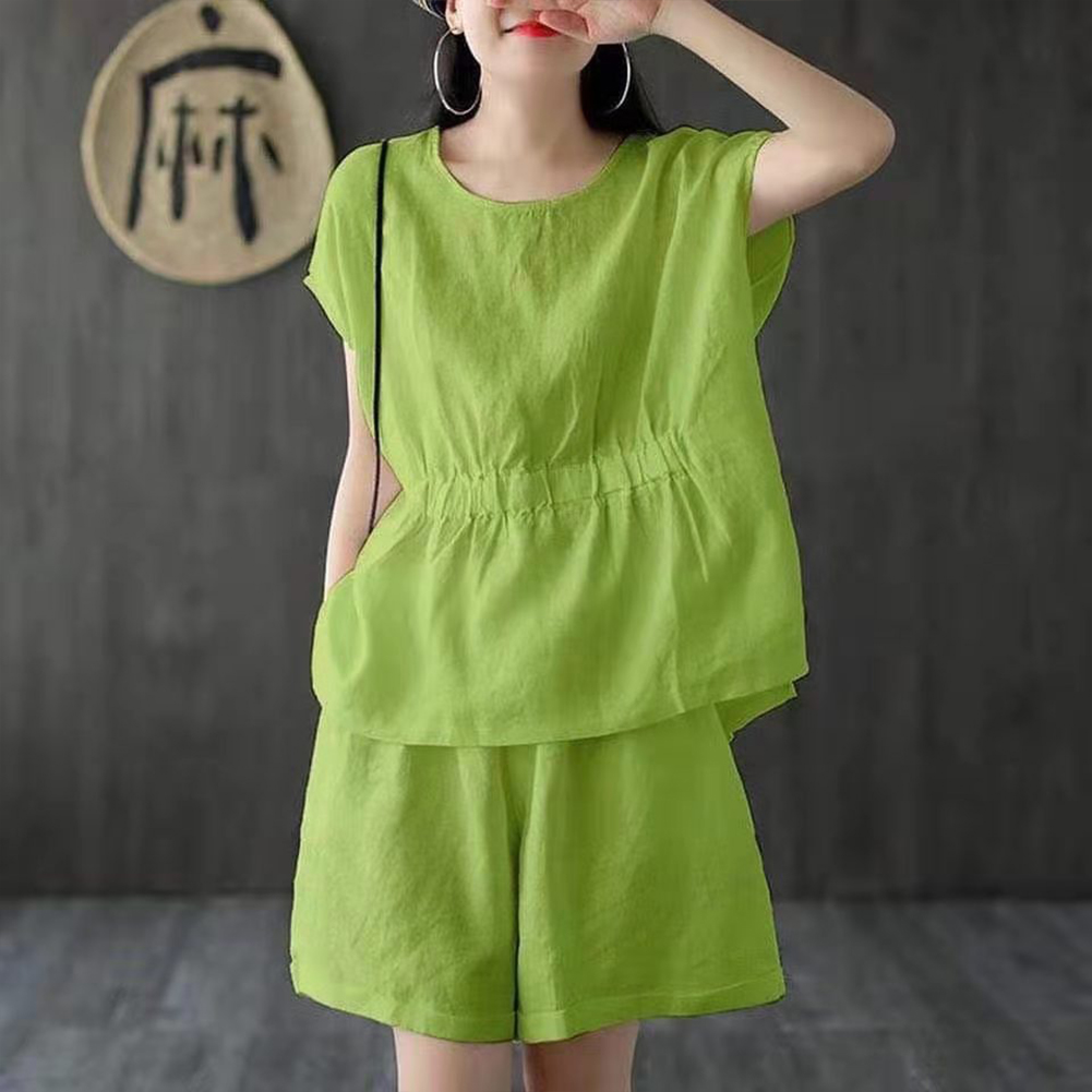 bellylady 2pcs/set Women Cotton Linen Short Sleeve T-shirt +short Pants Classic Round Neck Solid Color Loose Elastic Waist Casual Short  Sets. 